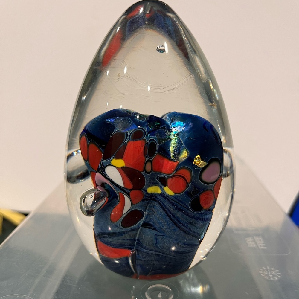 Blue and Red Glass Art Egg shaped paperweight